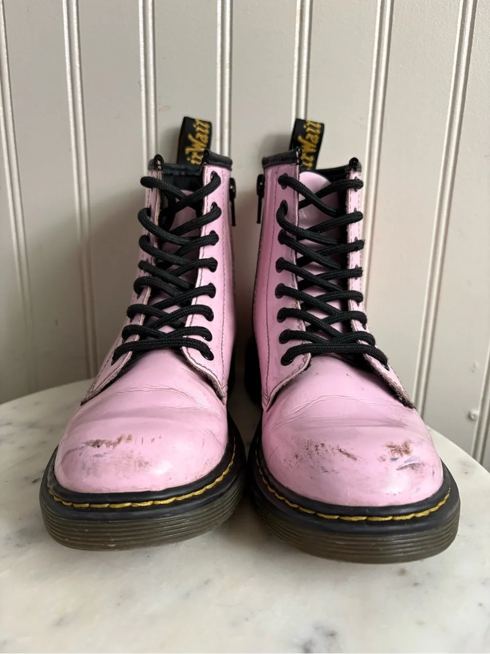 Dr Martens Patent Leather Combat Boots Youth Girls 1 Pink & Black Moto Cool Boho